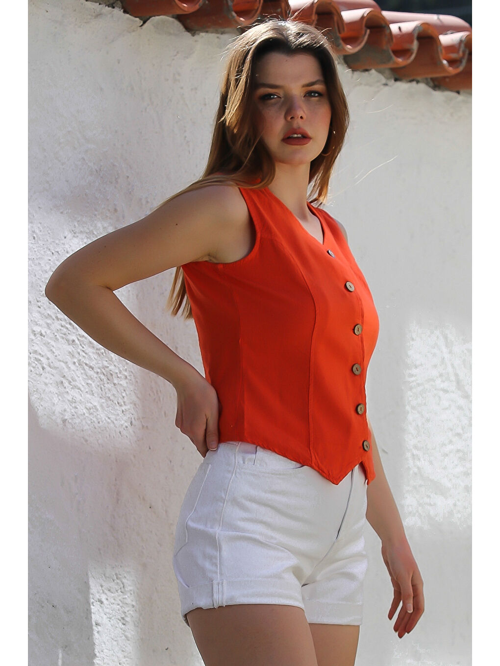 Kırmızı Narçiçeği V Yaka Düğmeli Yıkamalı Kulplu Casual Fitted Dokuma Yelek 55 45-4