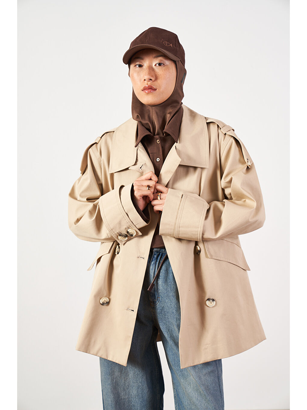 Kısa Oversize Trençkot Kum Bej-2