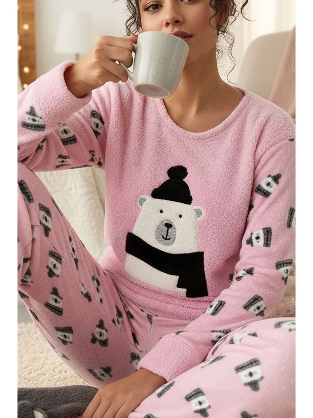 Pembe Kadın Baskılı Bisiklet Yaka Polar Pijama Takımı