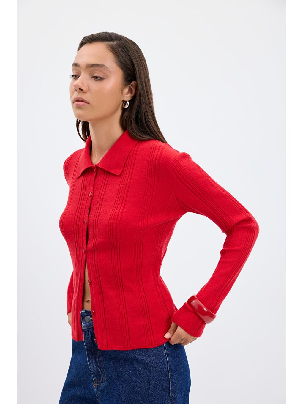 Fitilli Örgü Triko Hırka Kırmızı-2