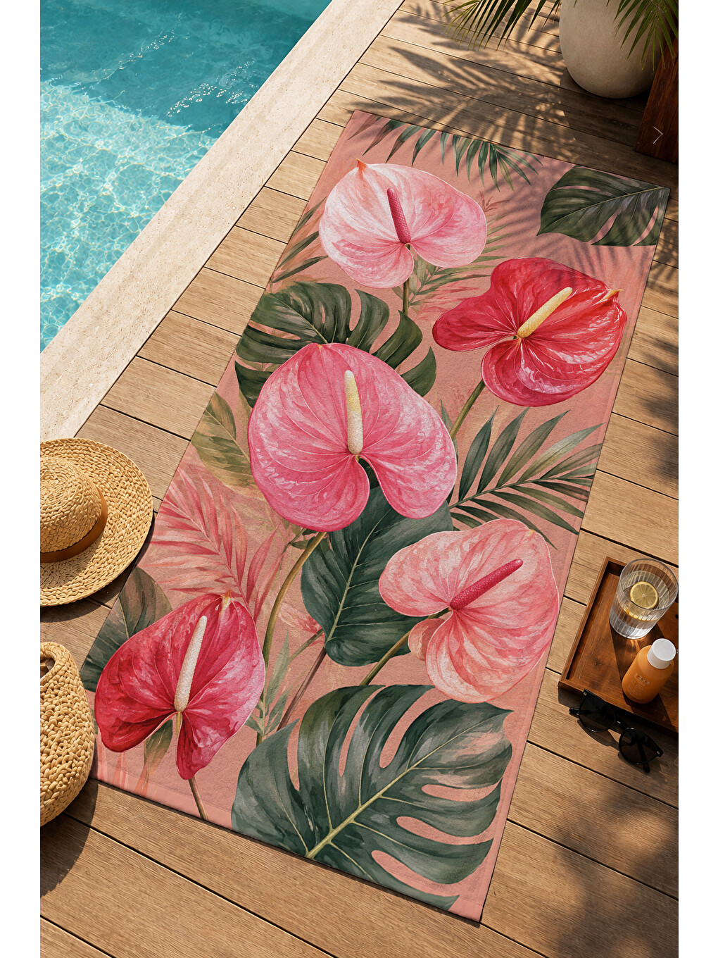 Tropikal Pembe Antoryum Yapraklı Desenli 70x150 Plaj Havlusu - Dijital Baskılı Solmaz Banyo Havlusu-4