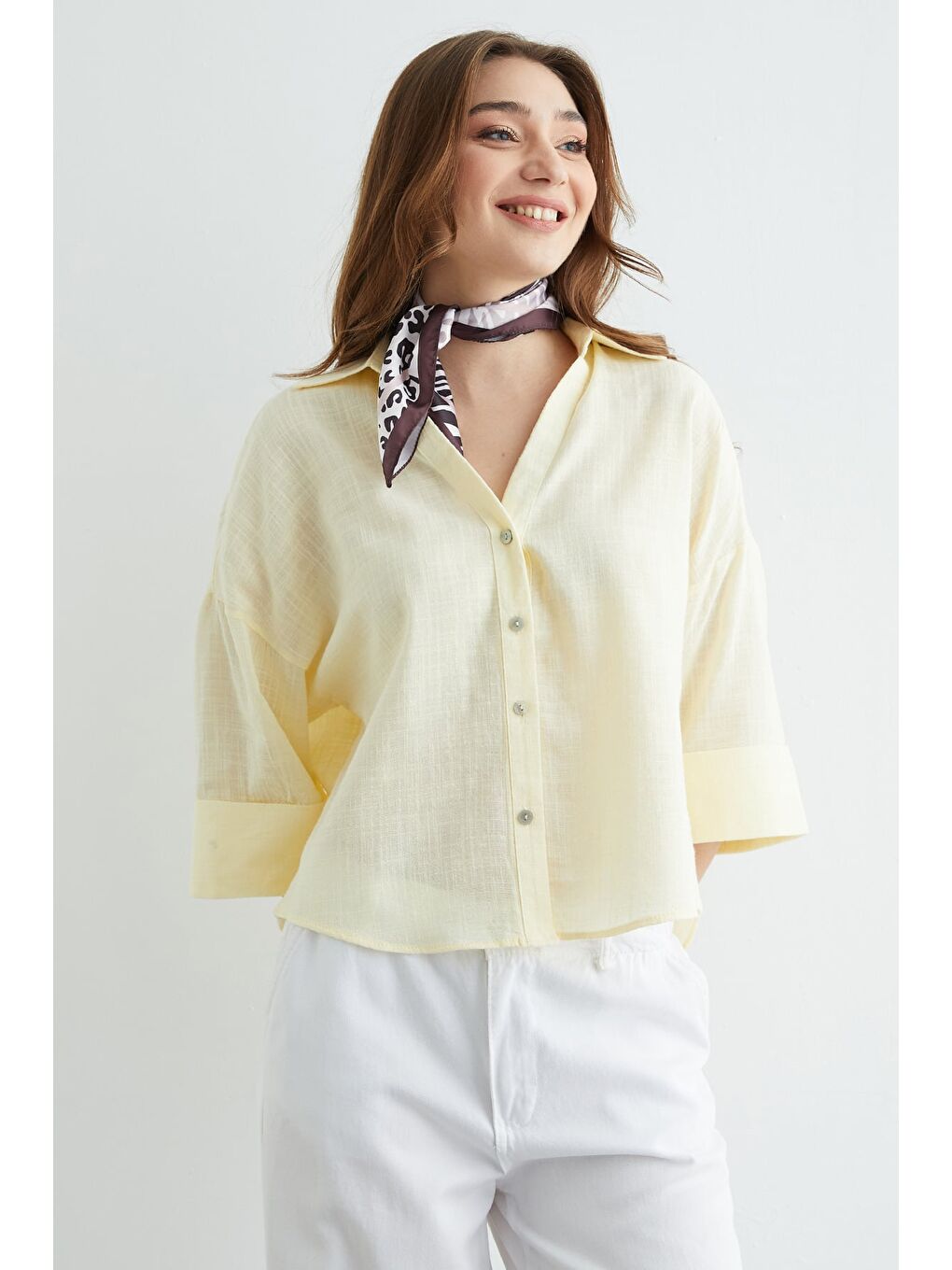 Sarı Keten Görünümlü Kapri kol Gömlek-1