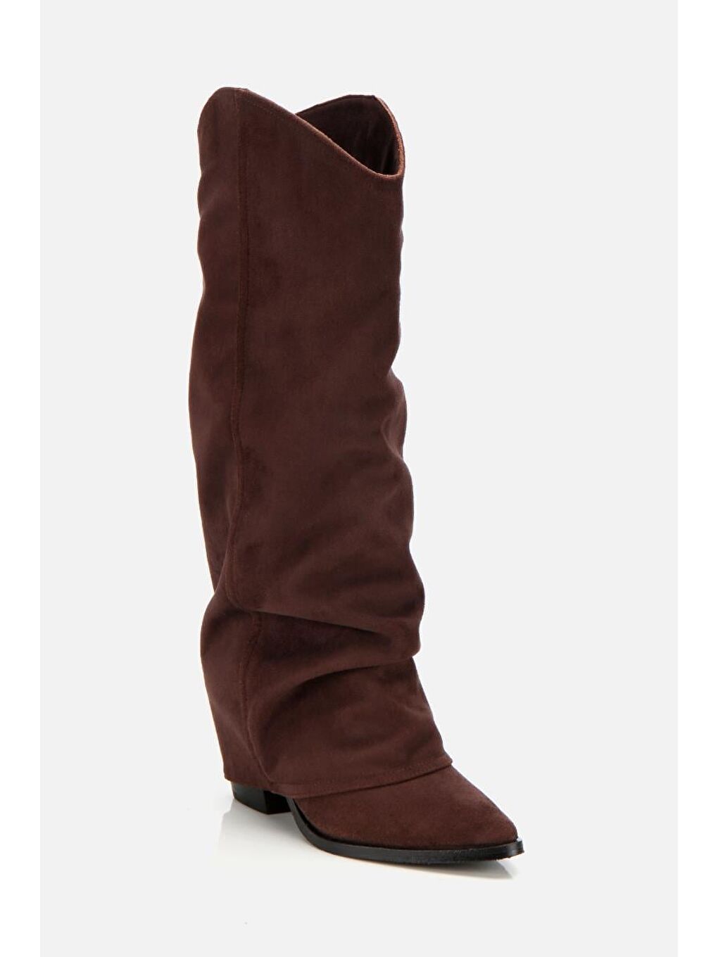 Kadın Süet Kahverengi Dikiş Detaylı Western Kalın Topuklu Çizme-1