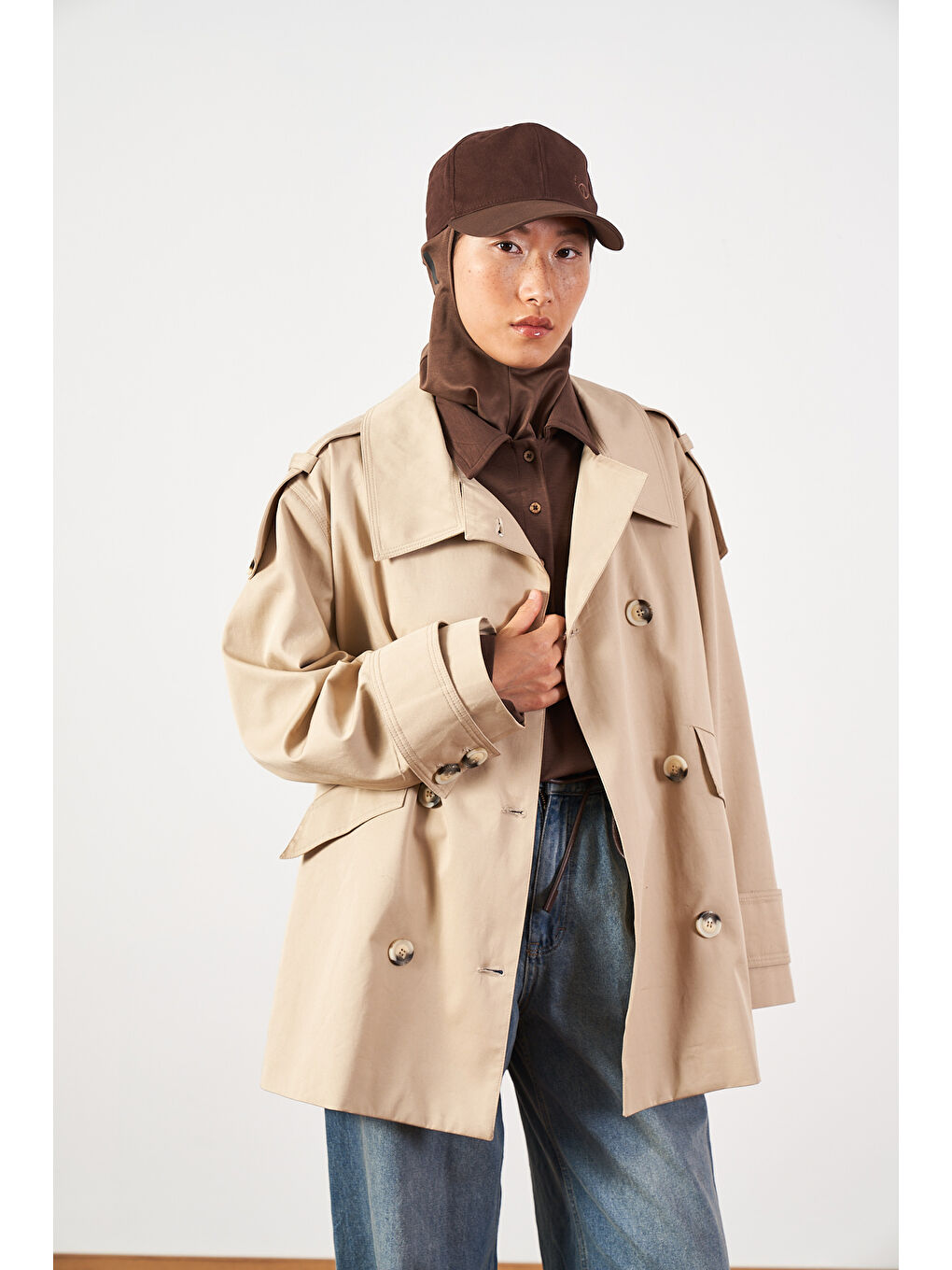 Kısa Oversize Trençkot Kum Bej-4