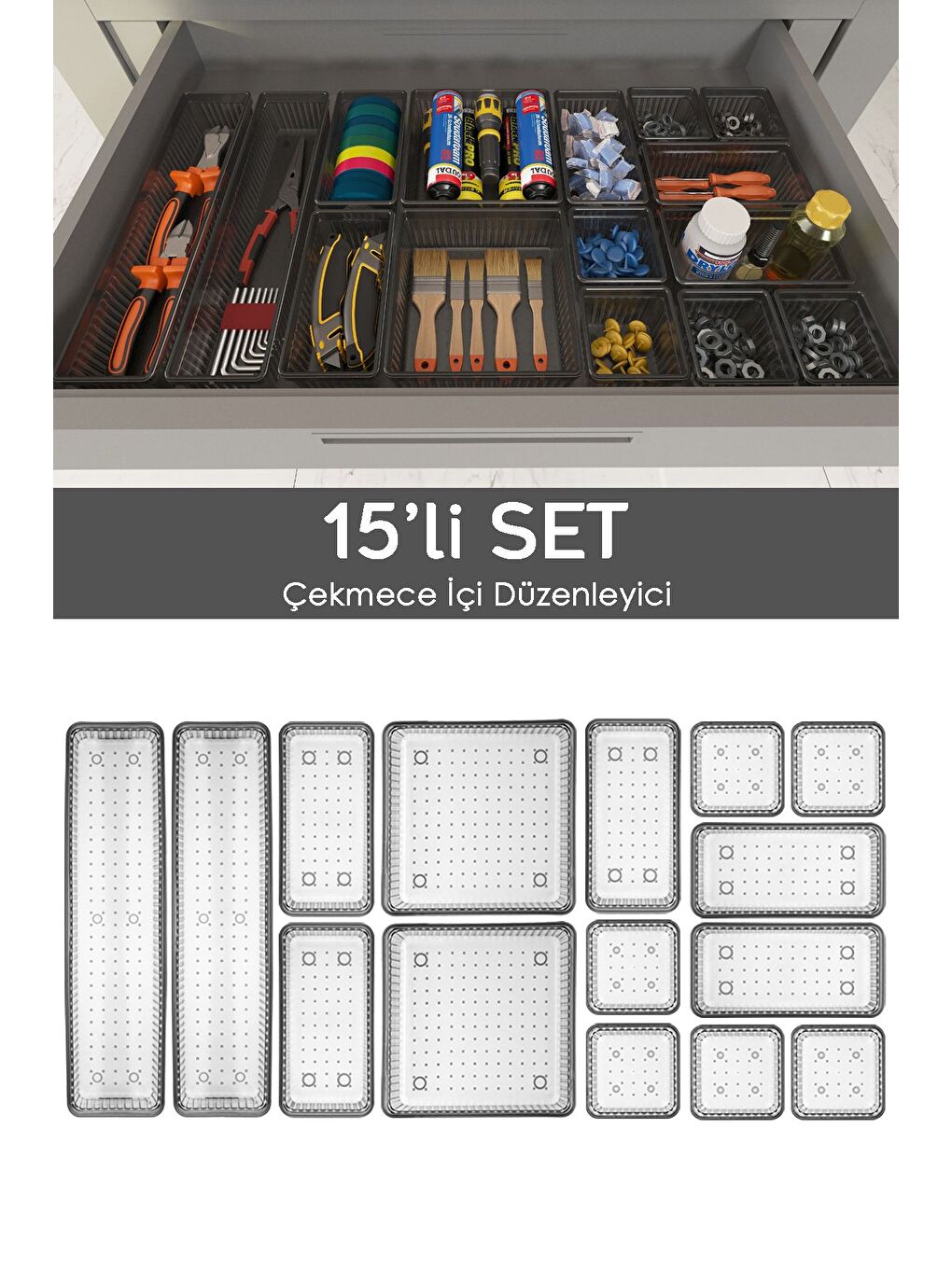 15li Dolap Çekmece İçi Düzenleyici Set Vida Dübel Hırdavat Avadanlık Organizer Set Antrasit