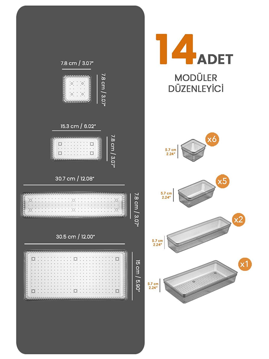 Antrasit 14lü Dolap Çekmece İçi Düzenleyici Set Vida Dübel Hırdavat Avadanlık Düzenleyici Organizer-1