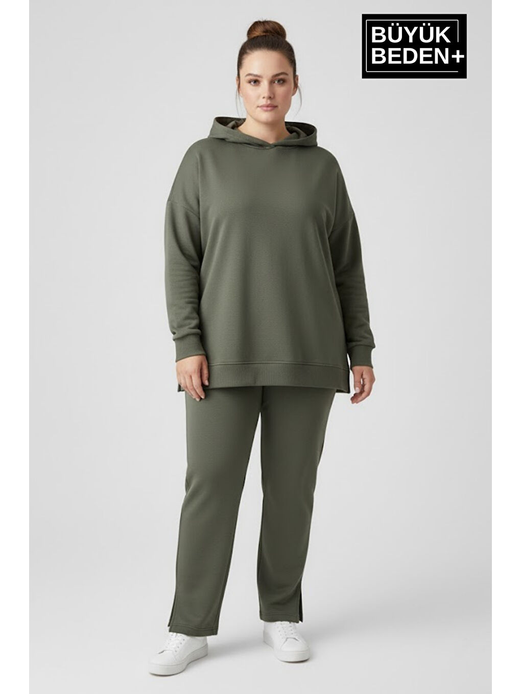 Haki Büyük Beden Kapüşonlu Tunik Sweatshırt SPR26BTK991