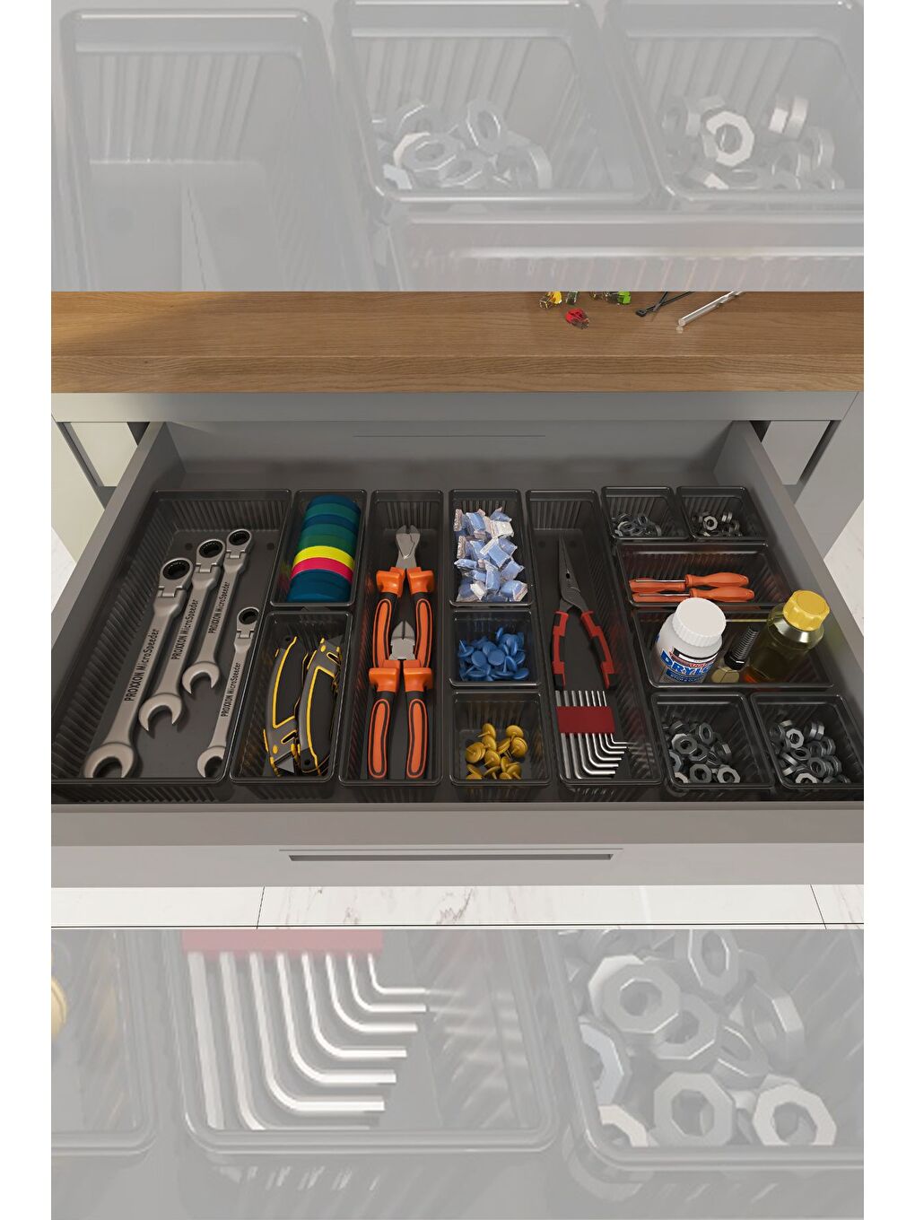 Antrasit 14lü Dolap Çekmece İçi Düzenleyici Set Vida Dübel Hırdavat Avadanlık Düzenleyici Organizer-3