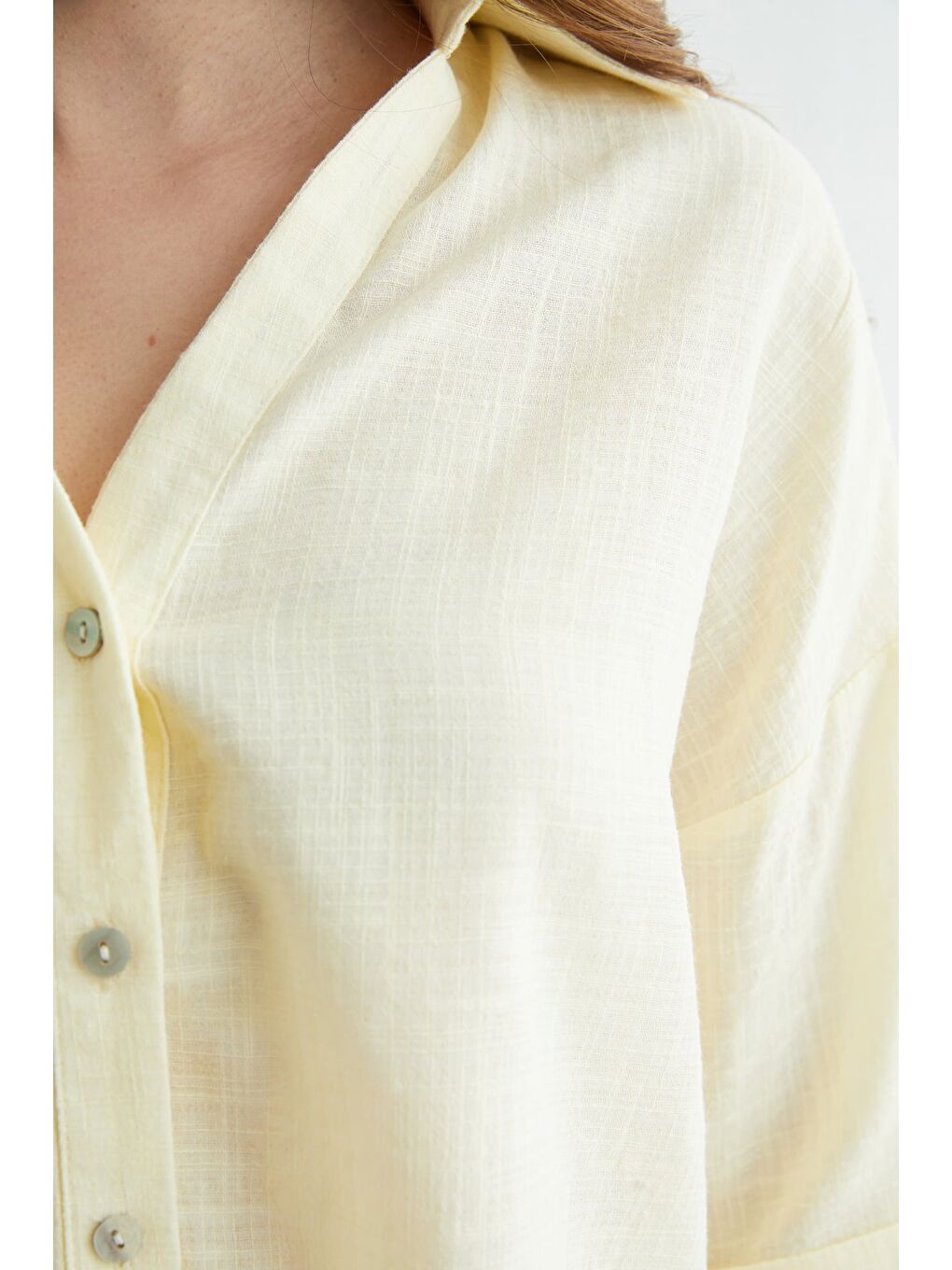 Sarı Keten Görünümlü Kapri kol Gömlek-2