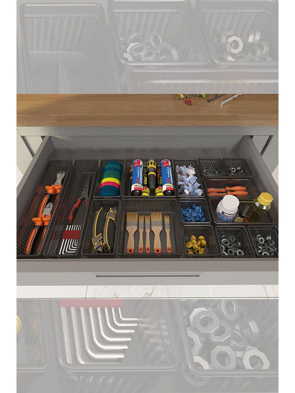 15li Dolap Çekmece İçi Düzenleyici Set Vida Dübel Hırdavat Avadanlık Organizer Set Antrasit-3