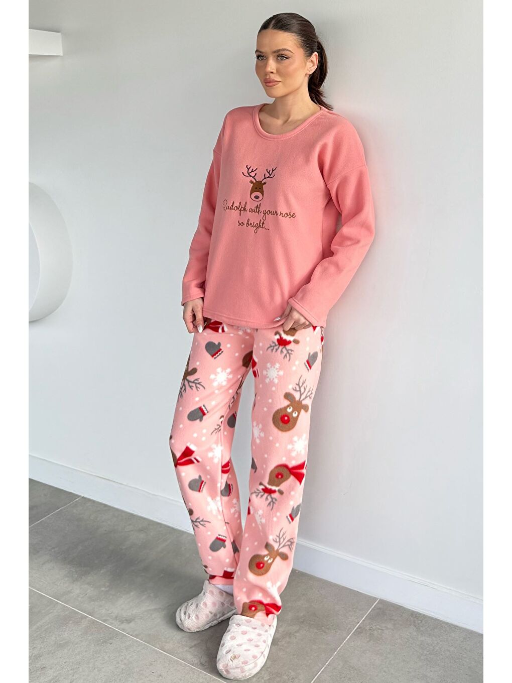 Pembe Kadın Ön Baskılı Bisiklet Yaka Polar Pijama Takımı