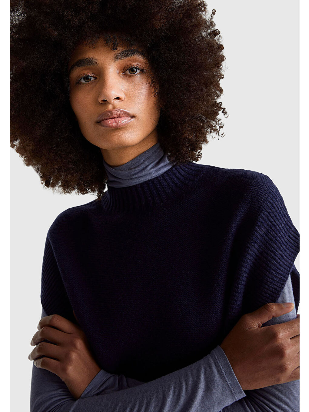 Kadın Lacivert Yün Karışımlı Ribana Detaylı Yırtmaçlı Kolsuz Kazak-5