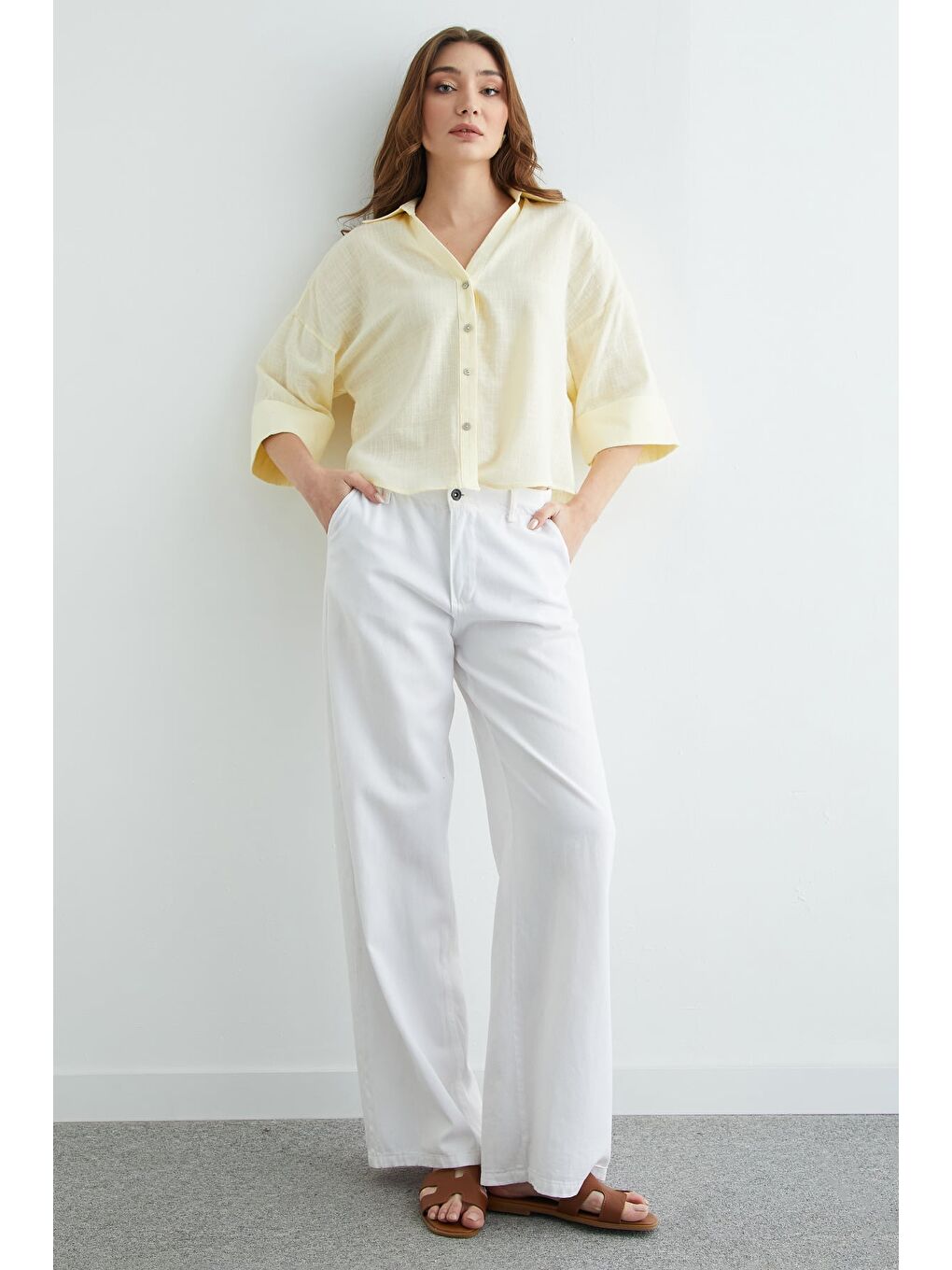 Sarı Keten Görünümlü Kapri kol Gömlek-3