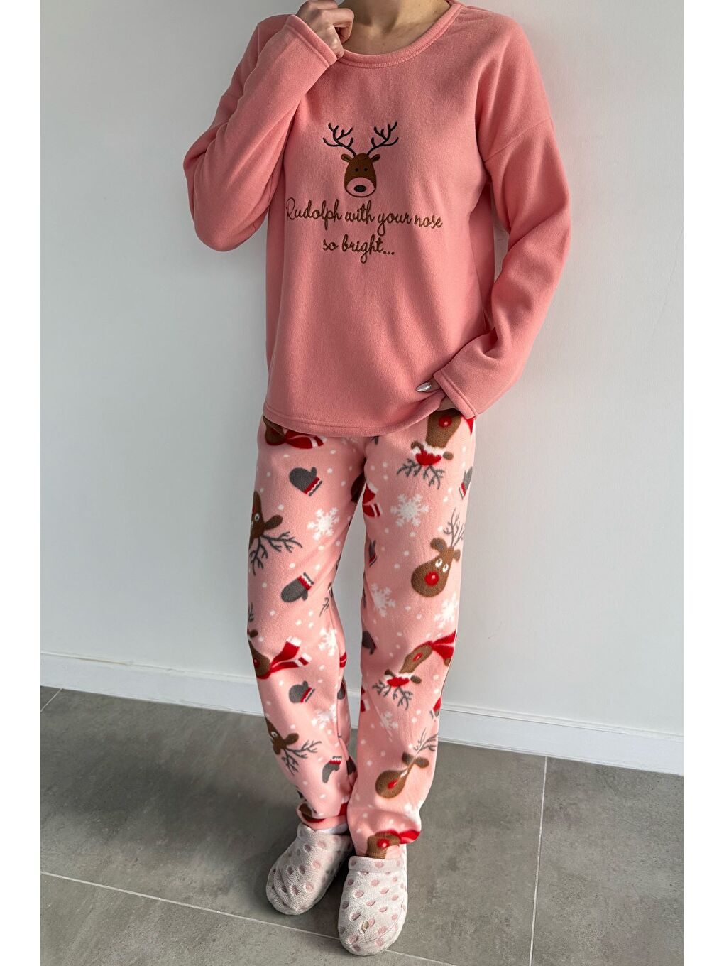 Pembe Kadın Ön Baskılı Bisiklet Yaka Polar Pijama Takımı-1