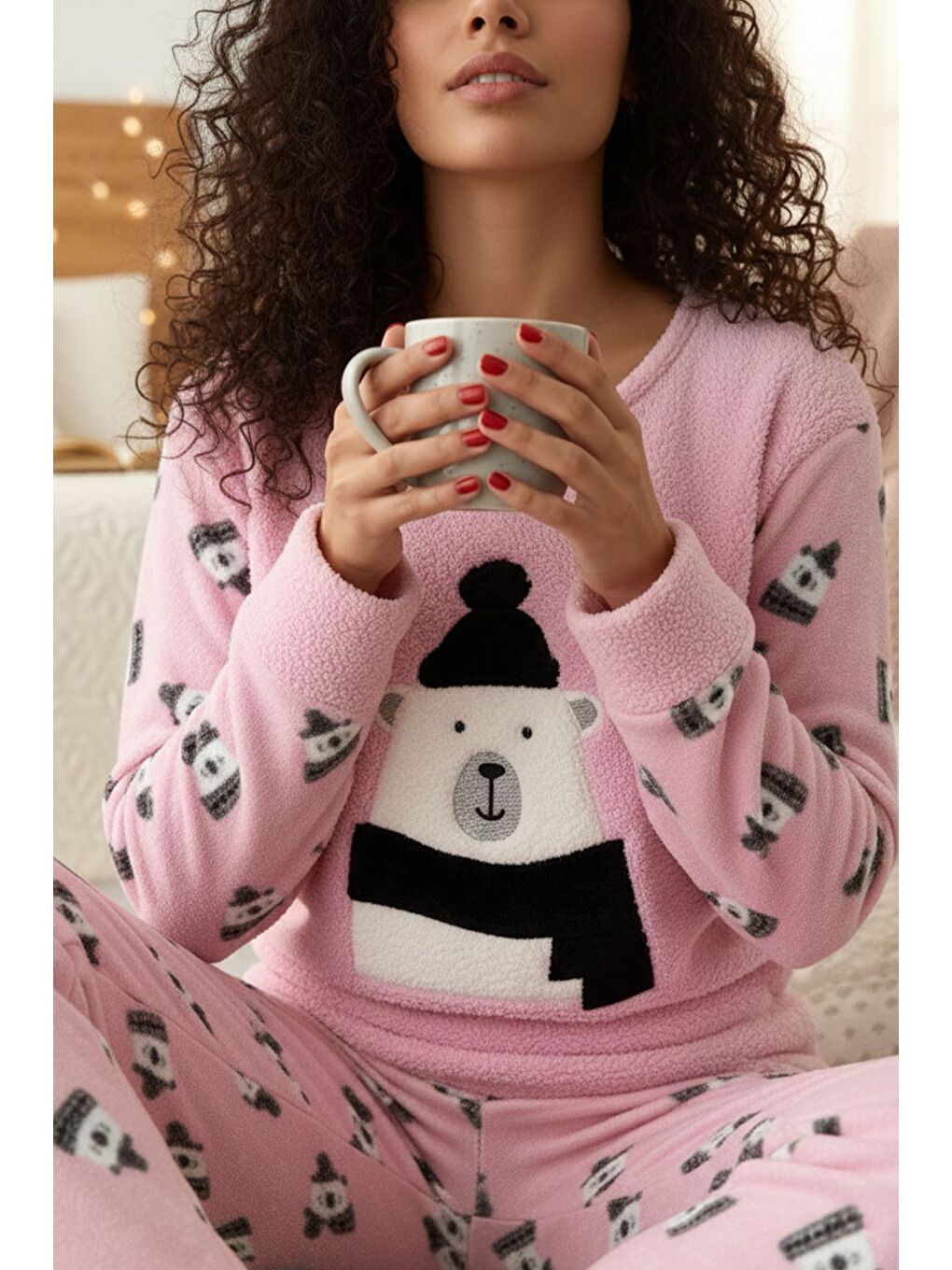 Pembe Kadın Baskılı Bisiklet Yaka Polar Pijama Takımı-1