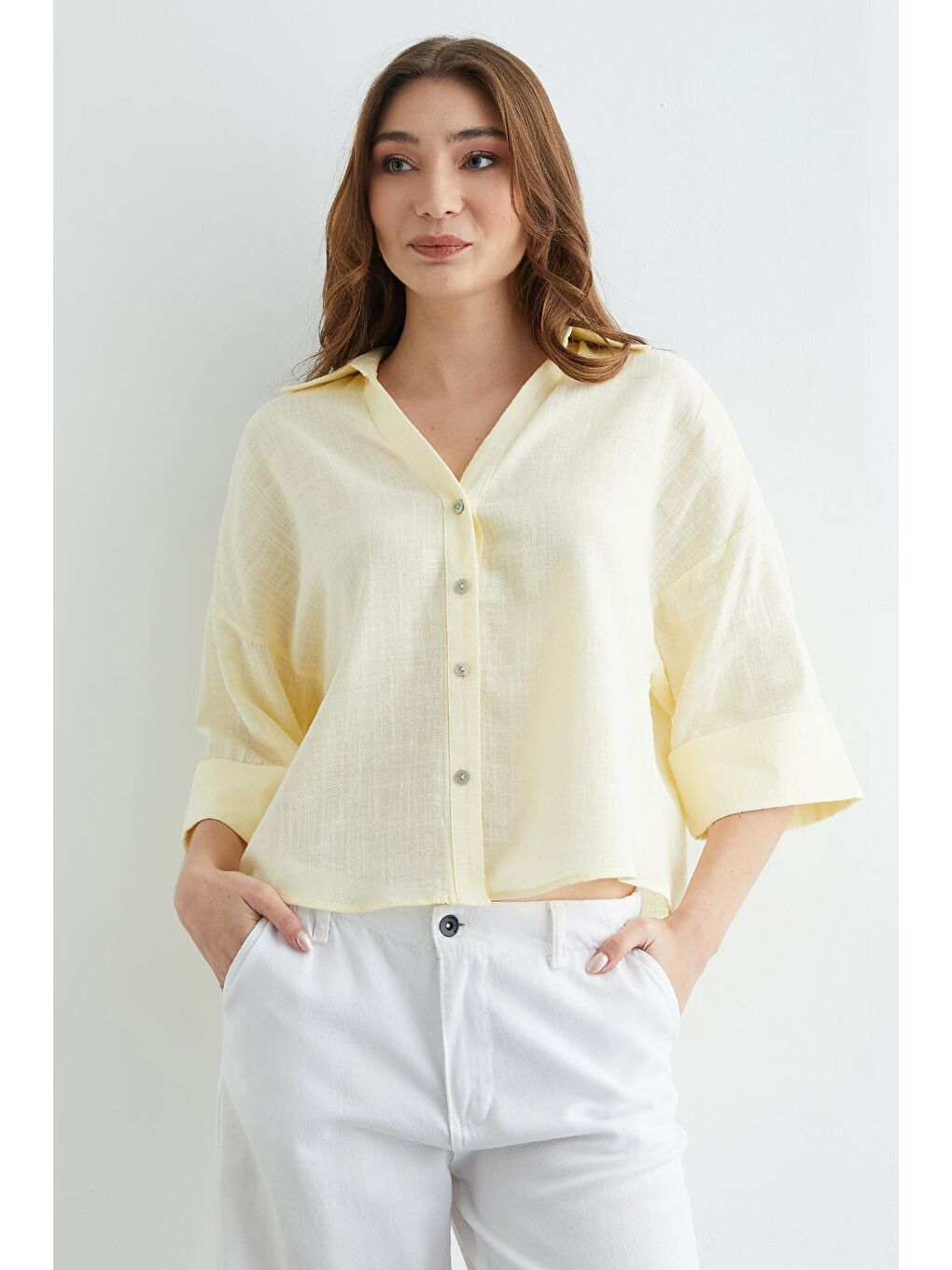 Sarı Keten Görünümlü Kapri kol Gömlek-4