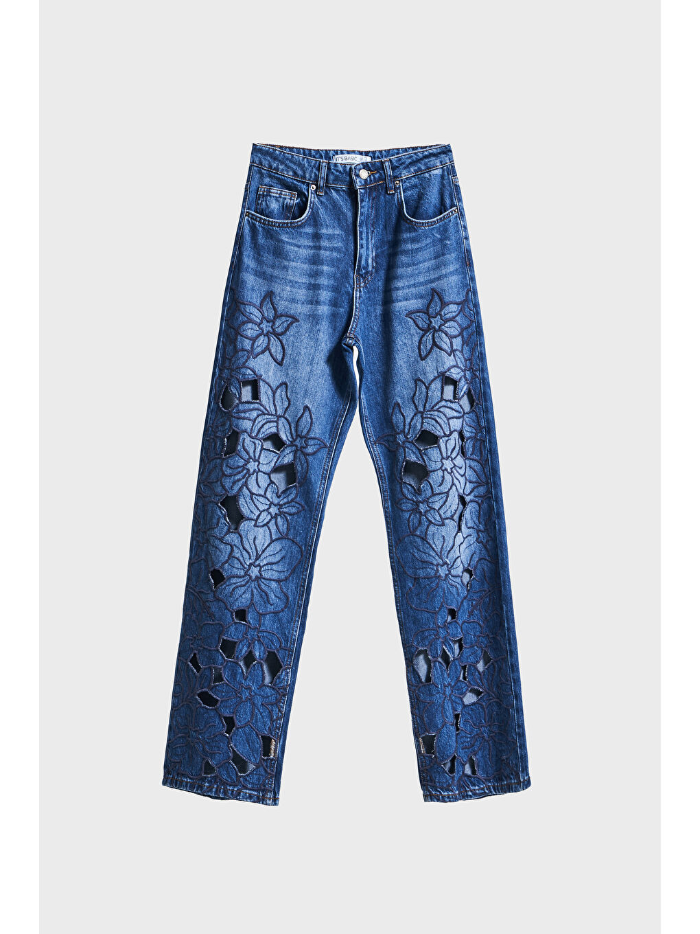 Kadın Koyu Mavi Renk 2w5-5 Loose Fit Viskon Kumaş Çiçek Desen Nakışlı Özel Tasarım Orta Bel Denim Je-1