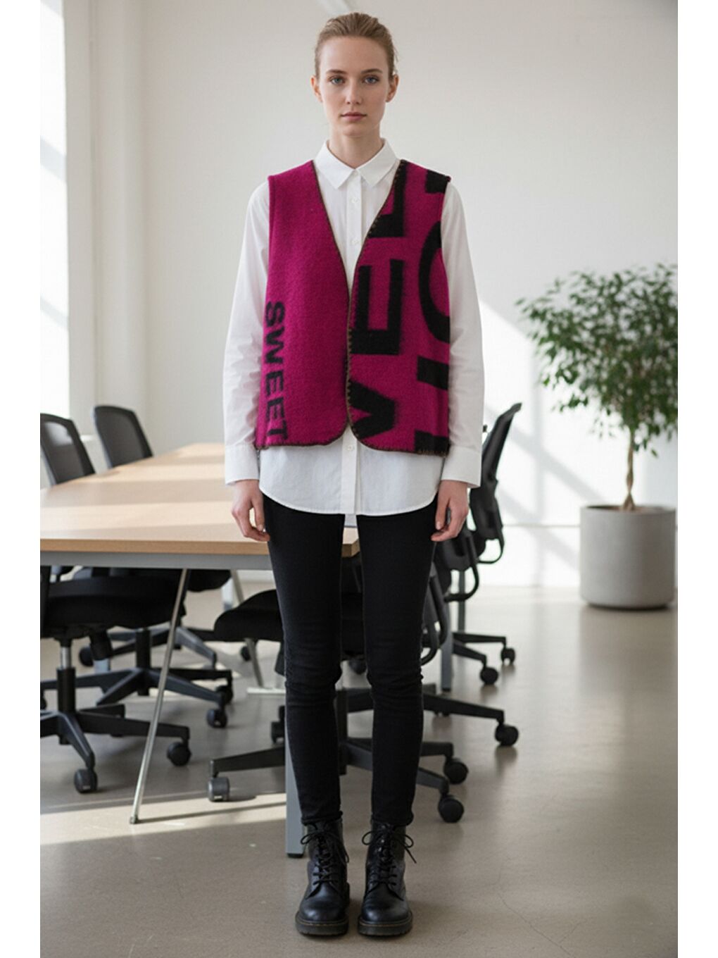 İtalyan Fuşya V Yaka Kolsuz Yazı Baskılı Kapamasız Tığ İşi Kenarlı Akrilik Dokuma Yelek 60 60