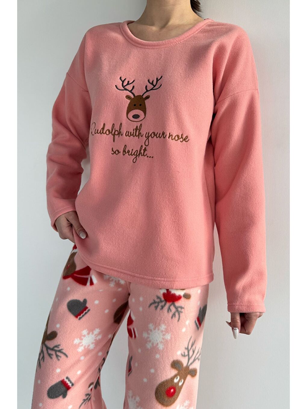 Pembe Kadın Ön Baskılı Bisiklet Yaka Polar Pijama Takımı-2