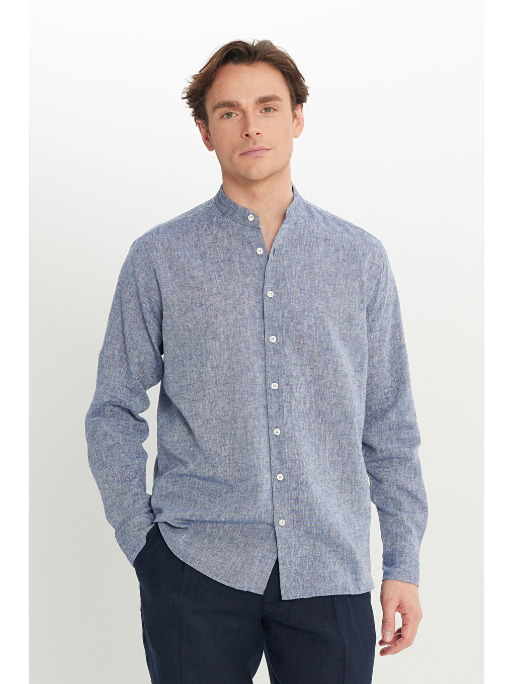 Erkek Lacivert Comfort Fit Rahat Kesim Hakim Yaka Gömlek-2