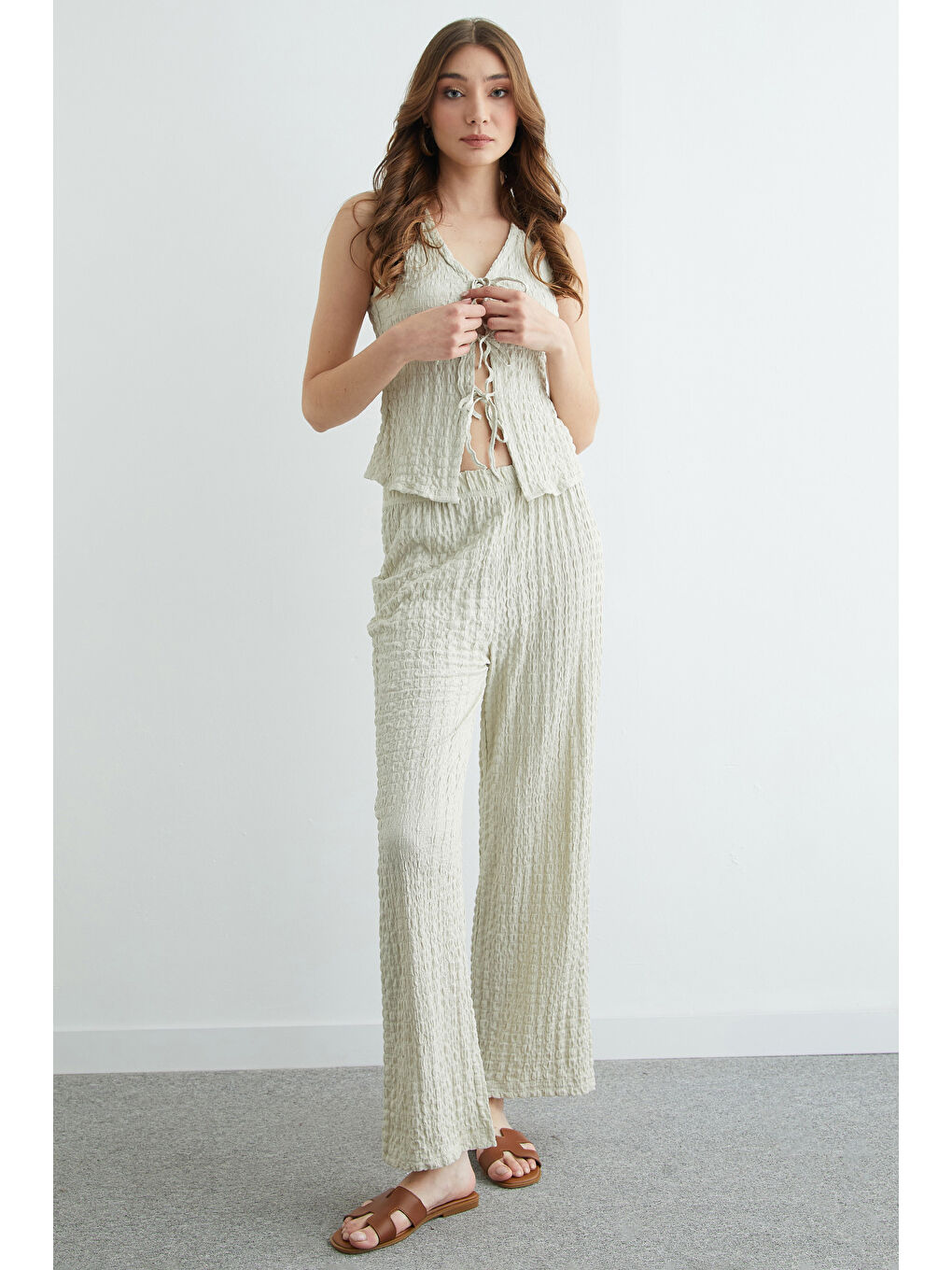 Bej Önden Bağlamalı Dokulu Yelekli 2 Li Takım-3