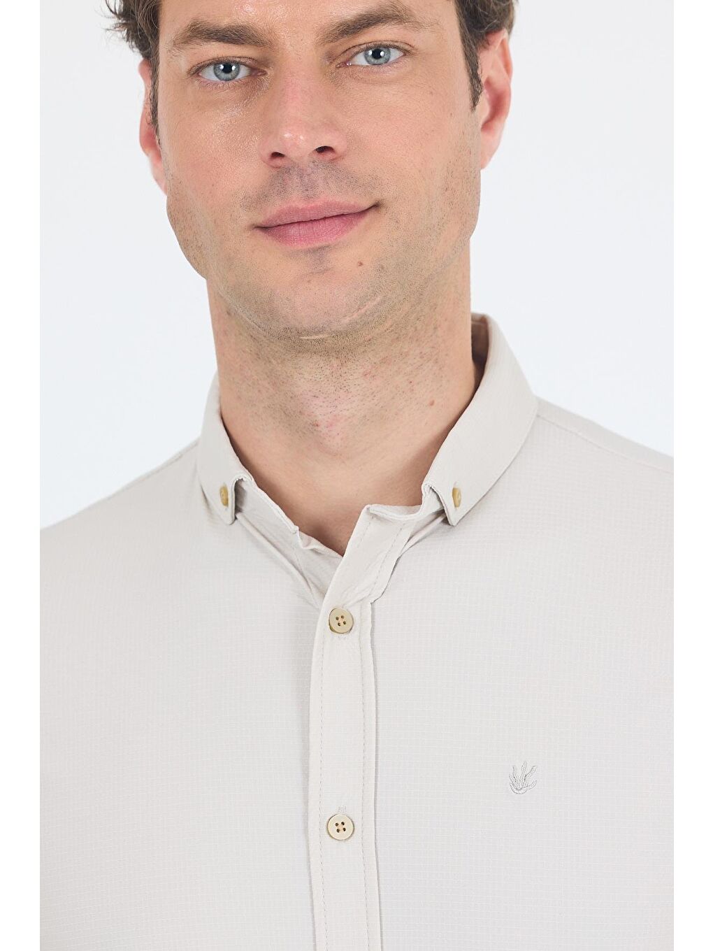 Bej Taş Rengi Smart Düğmeli Yaka Uzun Kol Cepsiz Slim Fit Esnek Gömlek Gömlek 1004250252-3