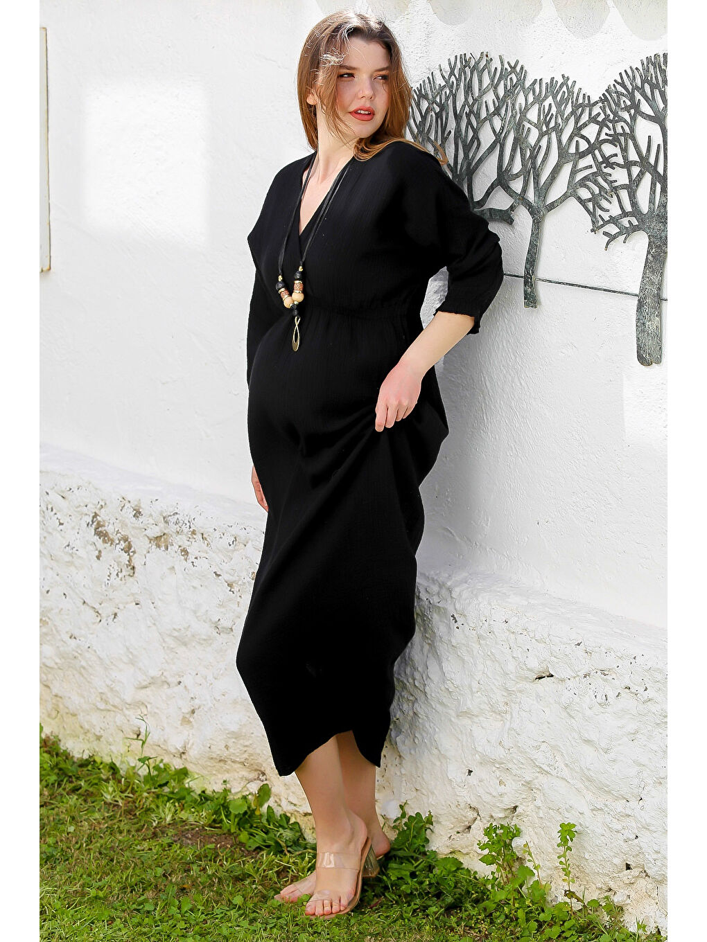 Siyah Kruvaze Yaka 3/4 Kol Yıkamalı Yırtmaçlı Casual Müslin Uzun Dokuma Elbise 130 60-4