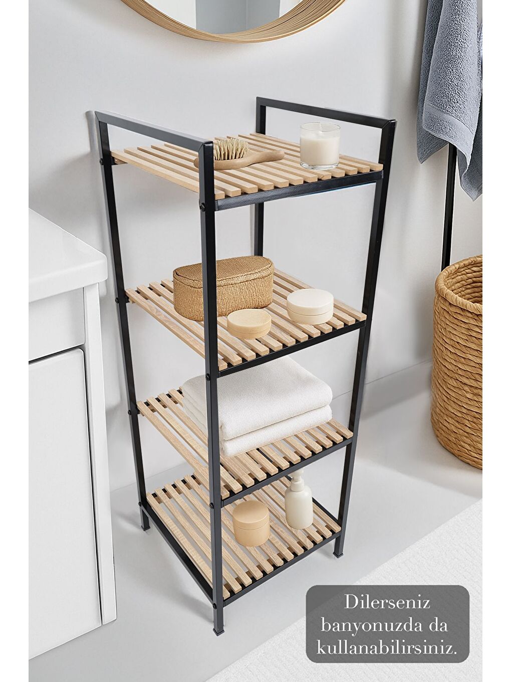 Bej 4 Katlı Ahşap Mutfak Rafı Çok Amaçlı Organizer Banyo Rafı Düzenleyici Malzeme Dolabı Dekoratif Raf-4