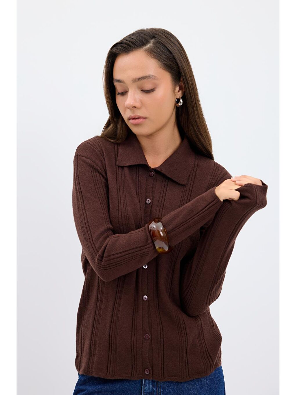 Kahverengi Fitilli Örgü Triko Hırka Kahve-2