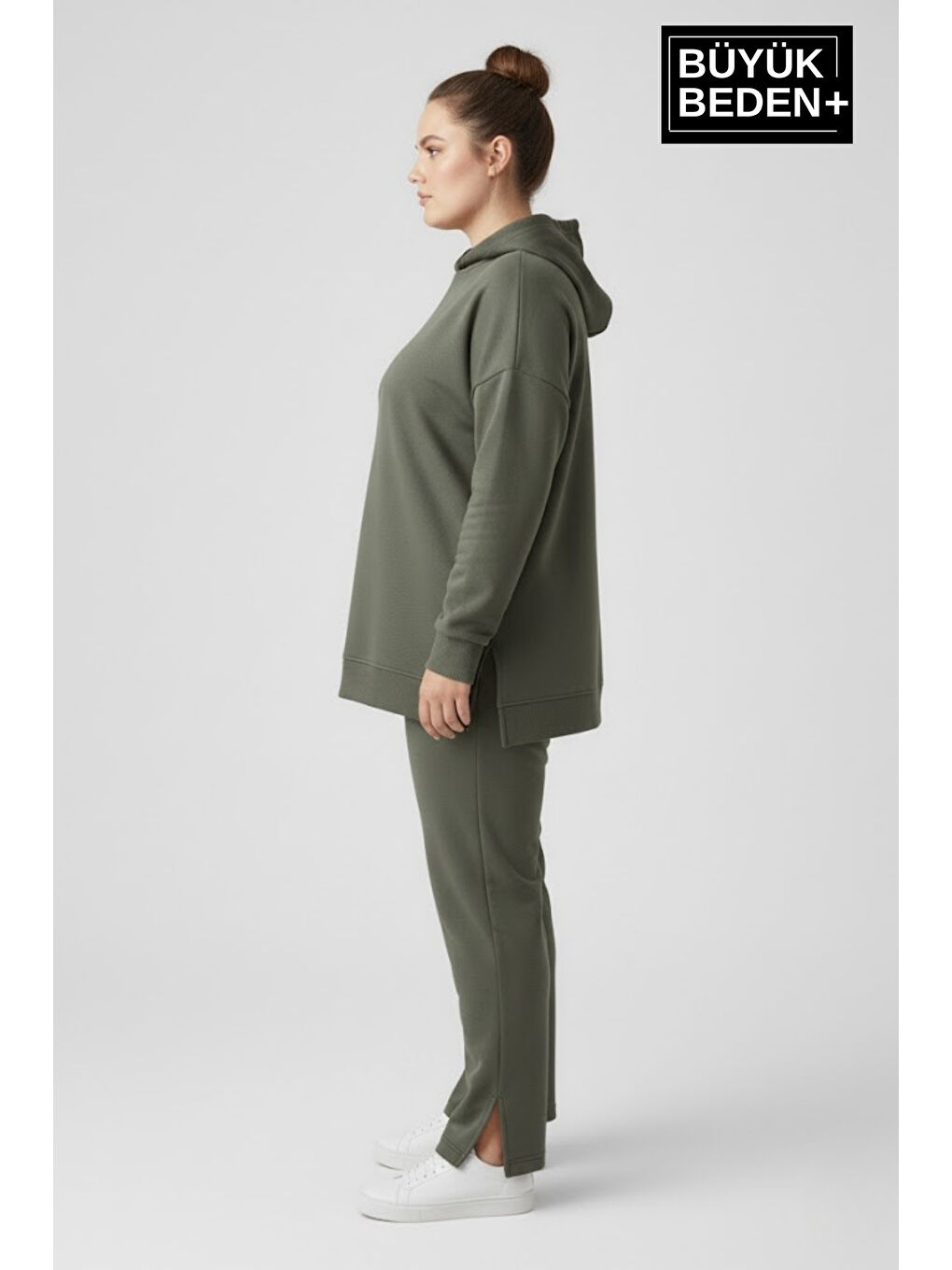 Haki Büyük Beden Kapüşonlu Tunik Sweatshırt SPR26BTK991-1