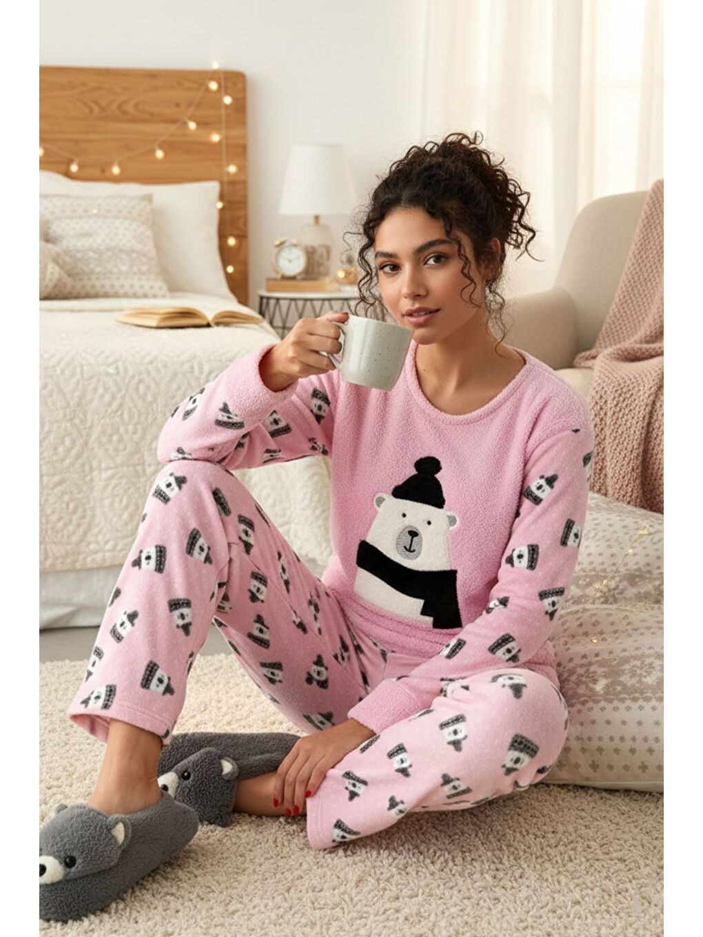 Pembe Kadın Baskılı Bisiklet Yaka Polar Pijama Takımı-2