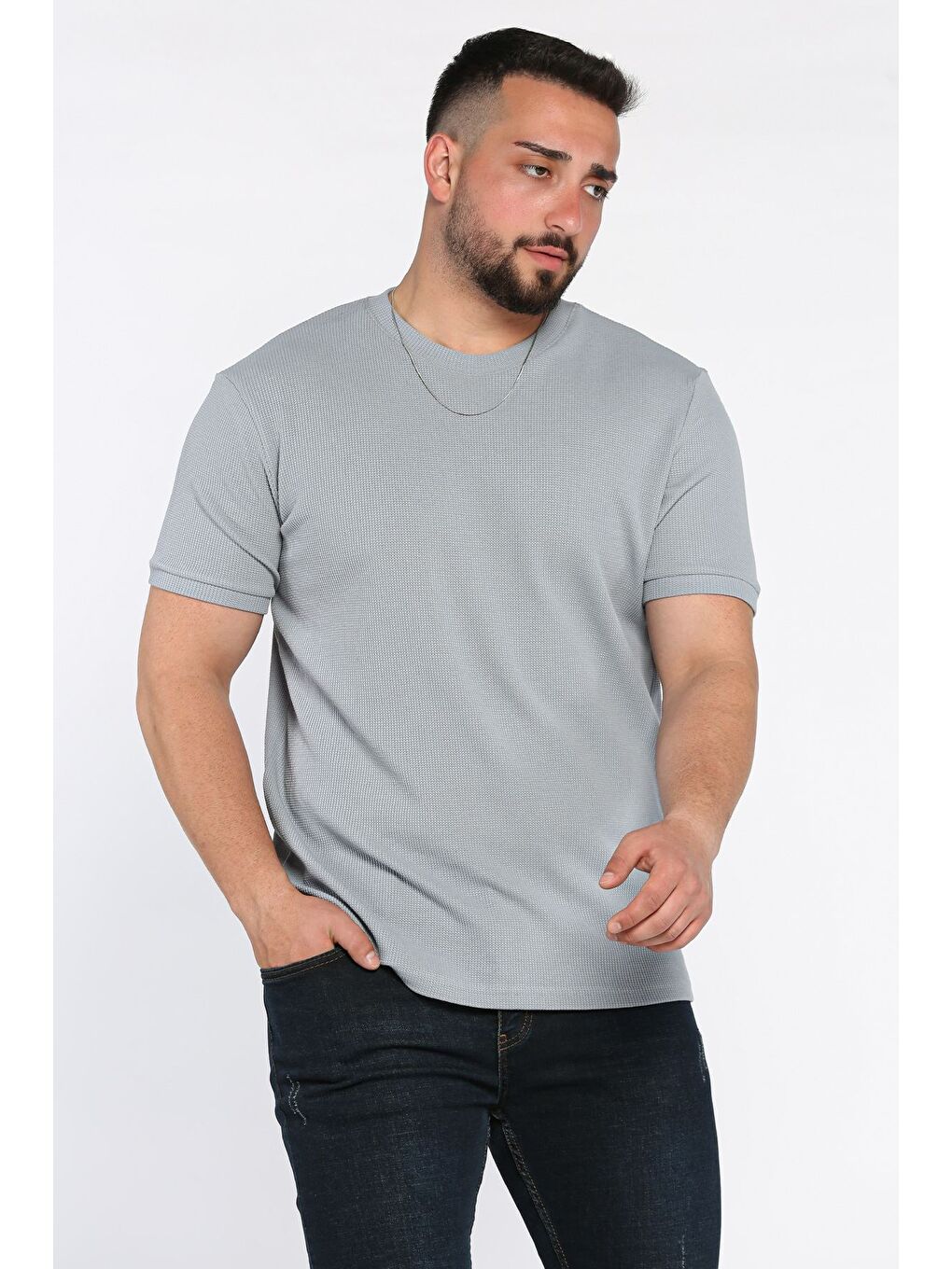 Gri Bisiklet Yaka Kendinden Desenli Erkek Tişört-1