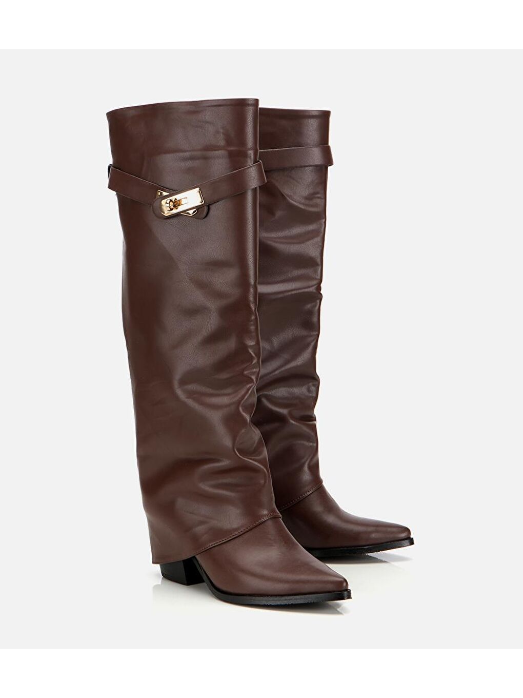 Kadın Kahverengi Tokalı Diz Altı Kalın Topuklu Çizme-1