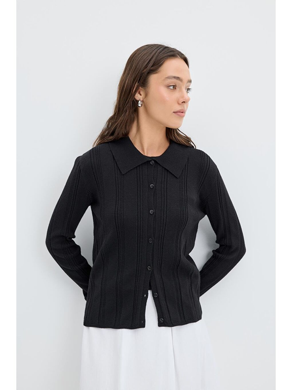 Fitilli Örgü Triko Hırka Siyah