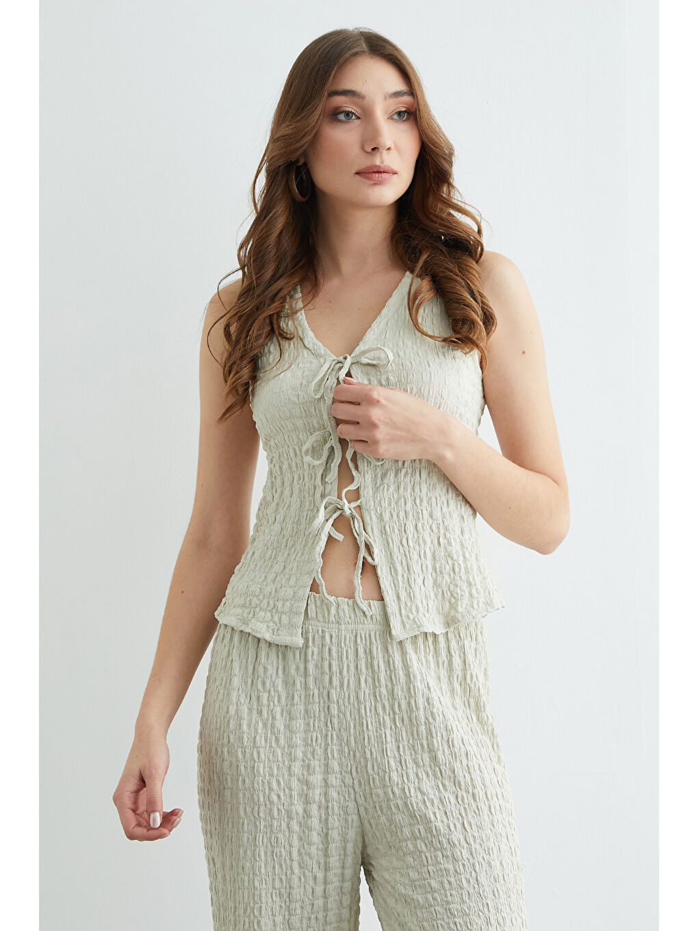 Bej Önden Bağlamalı Dokulu Yelekli 2 Li Takım-4