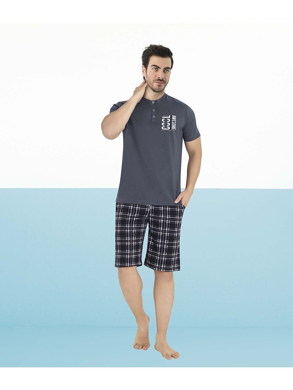 Gri Erkek Penye Kısa Kol %100 Pamuk Şortlu Pijama Takımı