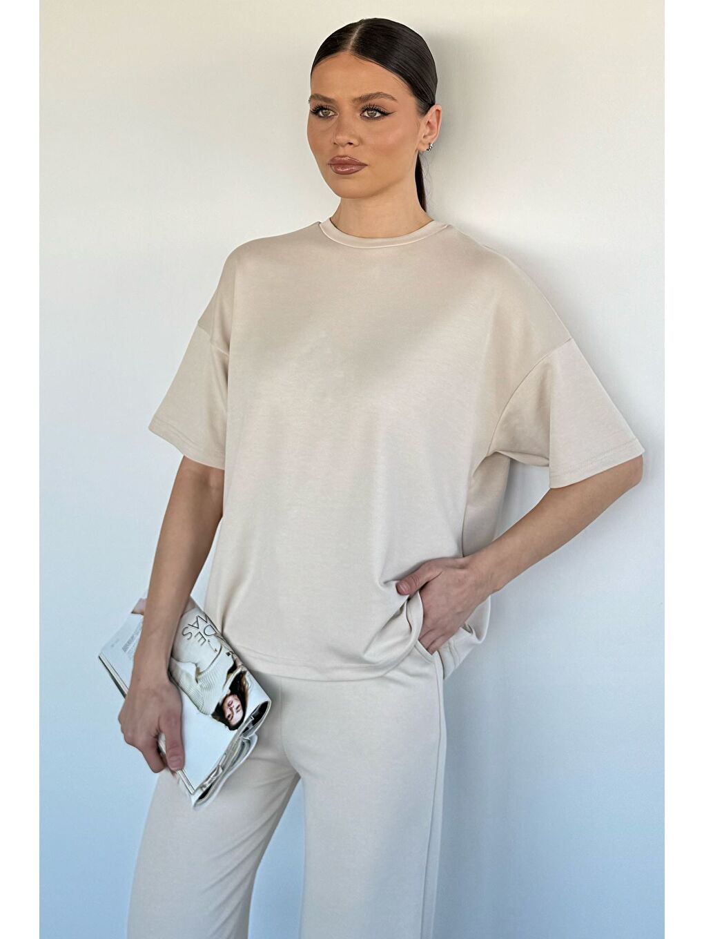 Bej Kadın Bisiklet Yaka Tişört Bel Lastikli Palazzo Pantolon İkili Takım-2