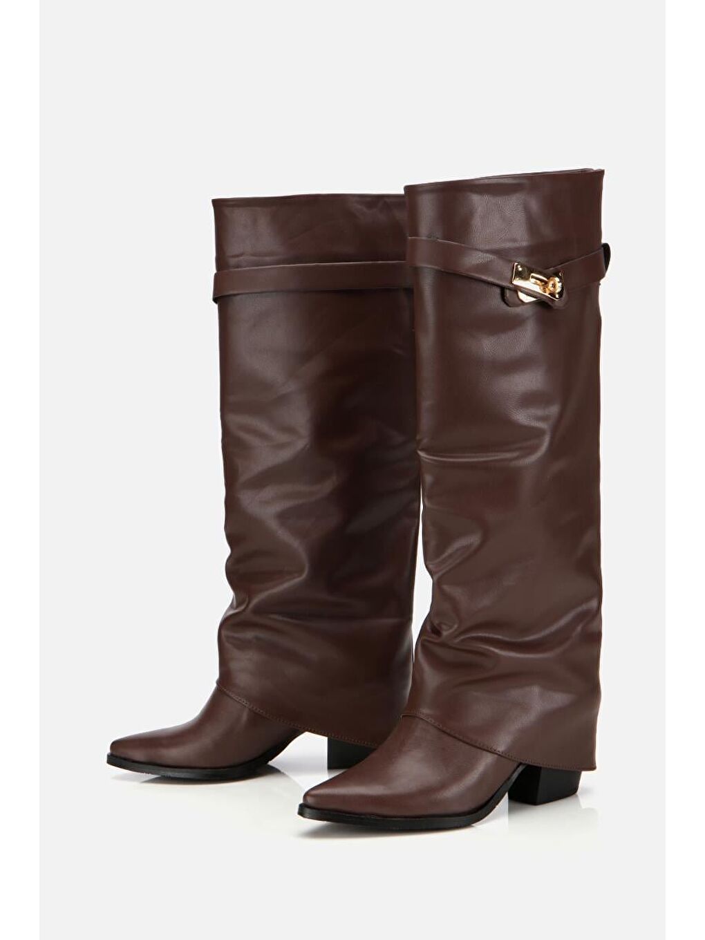 Kadın Kahverengi Tokalı Diz Altı Kalın Topuklu Çizme-3