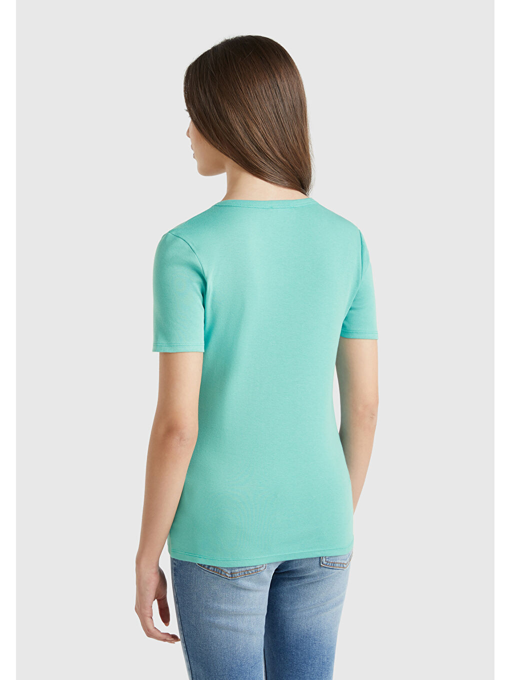 Kadın Buz Mavisi 100 Pamuk Basic Kısa Kollu Bisiklet Yaka T Shirt-1