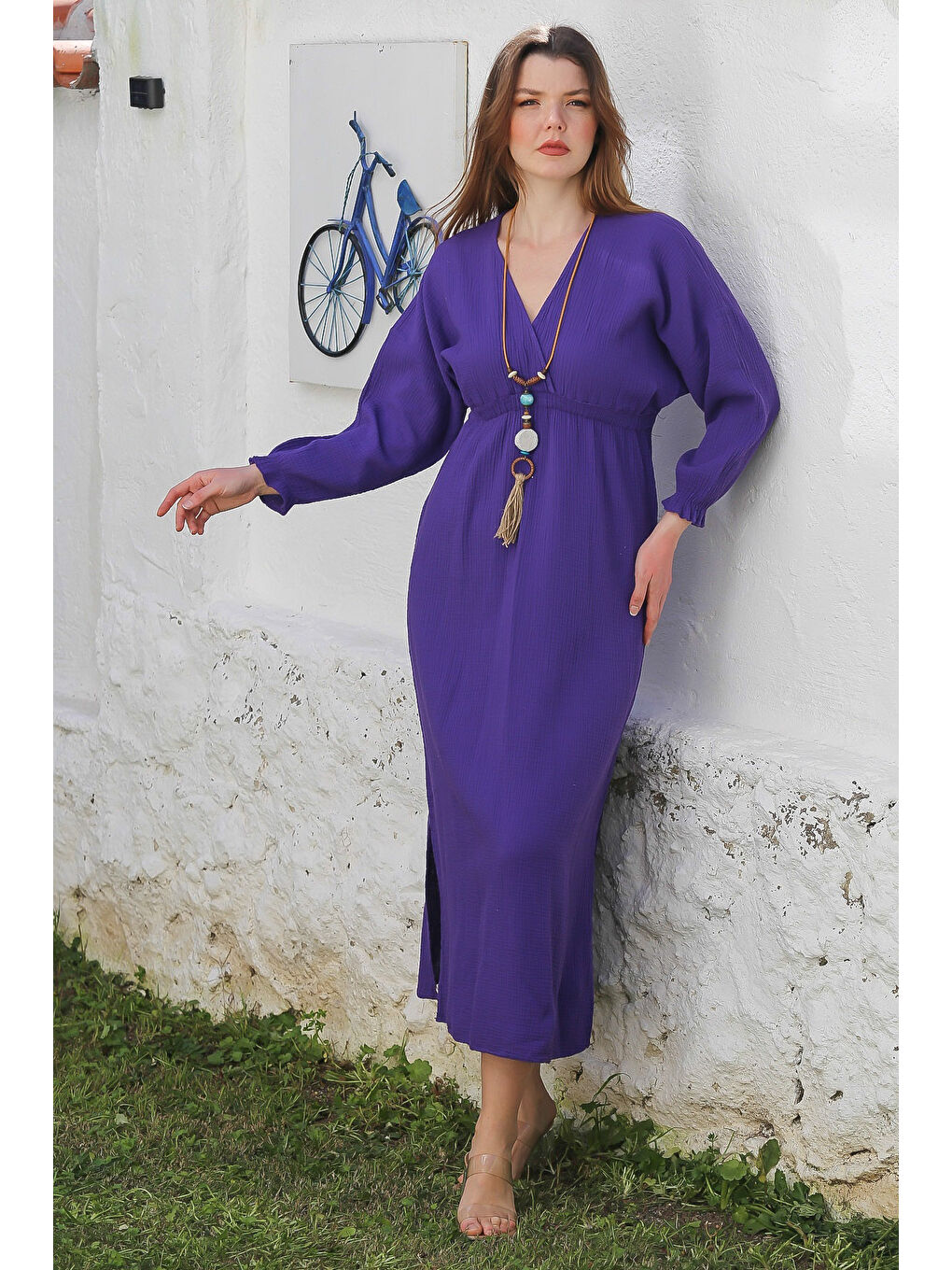 Mor Kruvaze Yaka 3/4 Kol Yıkamalı Yırtmaçlı Casual Müslin Uzun Dokuma Elbise 130 60-1