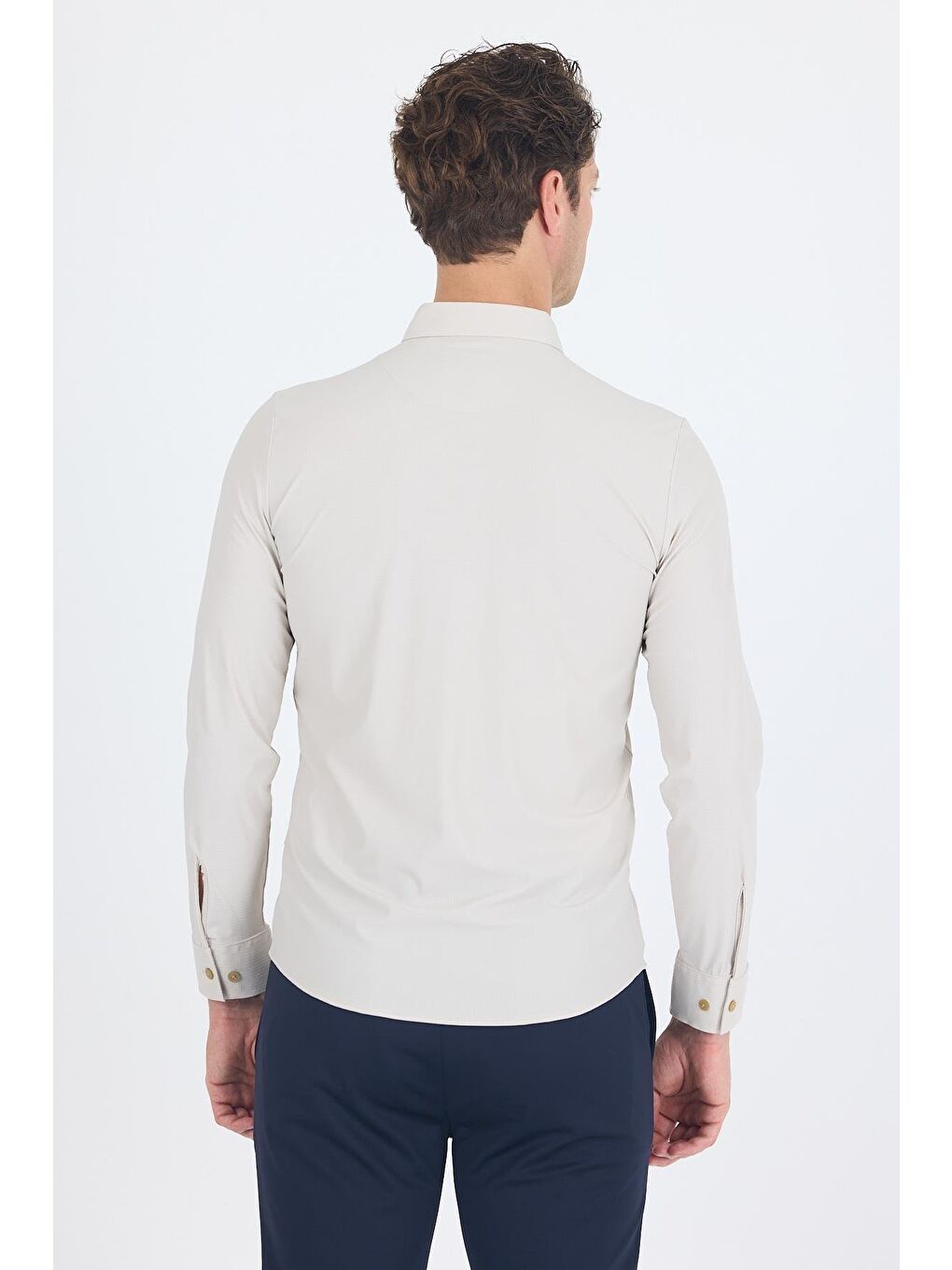 Bej Taş Rengi Smart Düğmeli Yaka Uzun Kol Cepsiz Slim Fit Esnek Gömlek Gömlek 1004250252-4