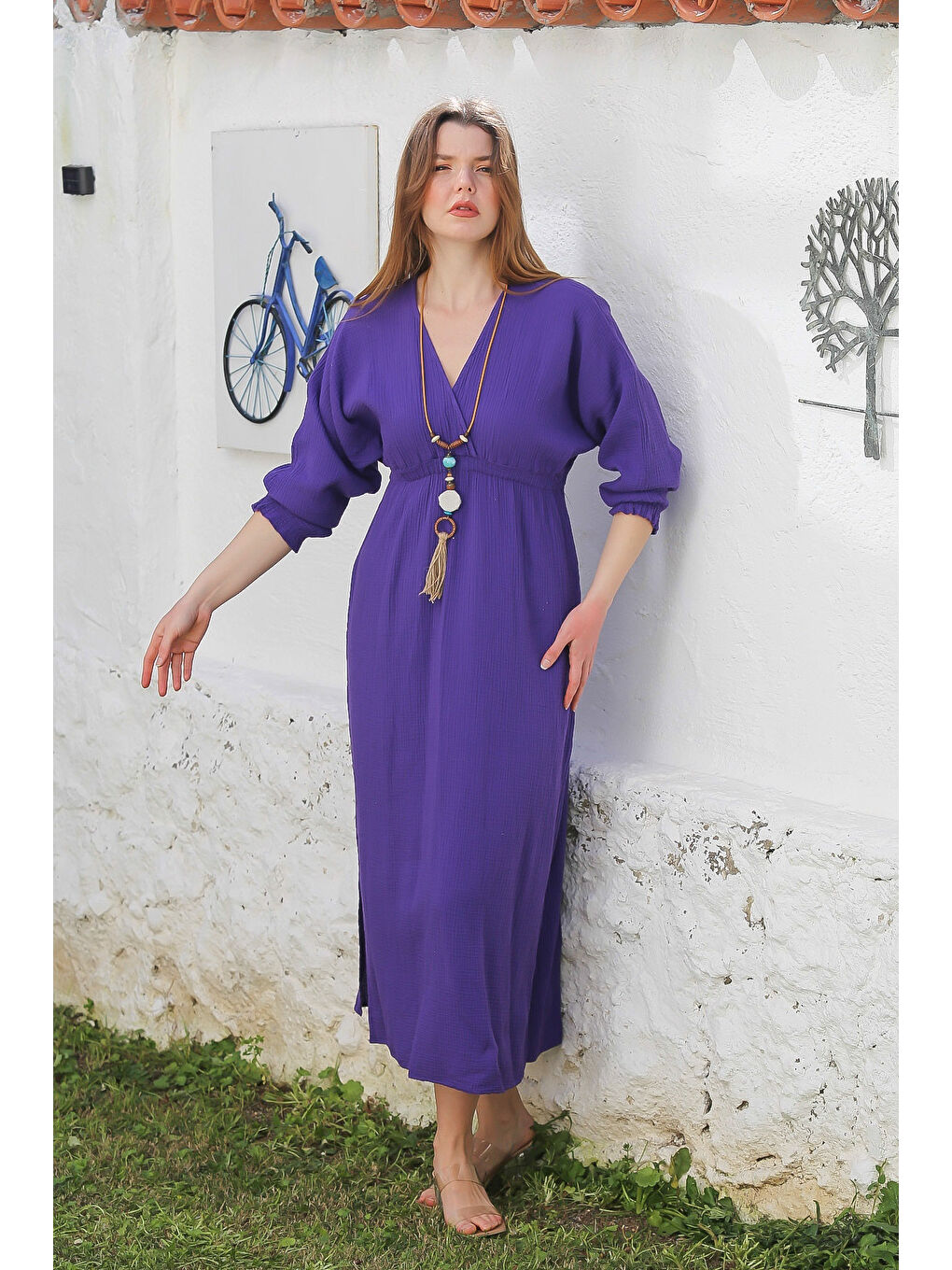 Mor Kruvaze Yaka 3/4 Kol Yıkamalı Yırtmaçlı Casual Müslin Uzun Dokuma Elbise 130 60-2