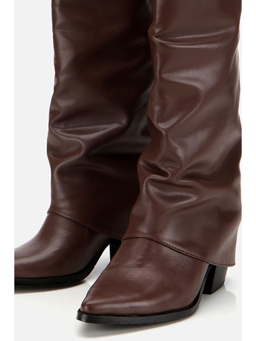 Kadın Kahverengi Tokalı Diz Altı Kalın Topuklu Çizme-4