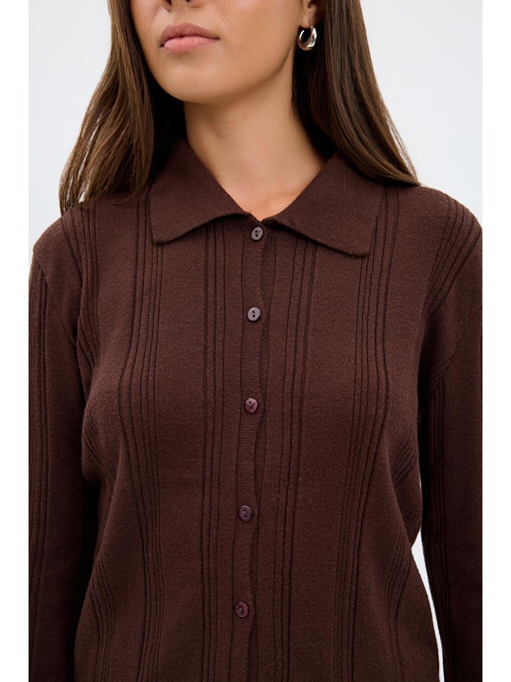 Kahverengi Fitilli Örgü Triko Hırka Kahve-3