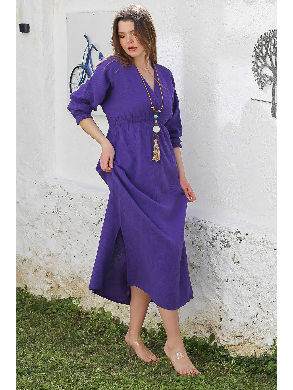 Mor Kruvaze Yaka 3/4 Kol Yıkamalı Yırtmaçlı Casual Müslin Uzun Dokuma Elbise 130 60-4