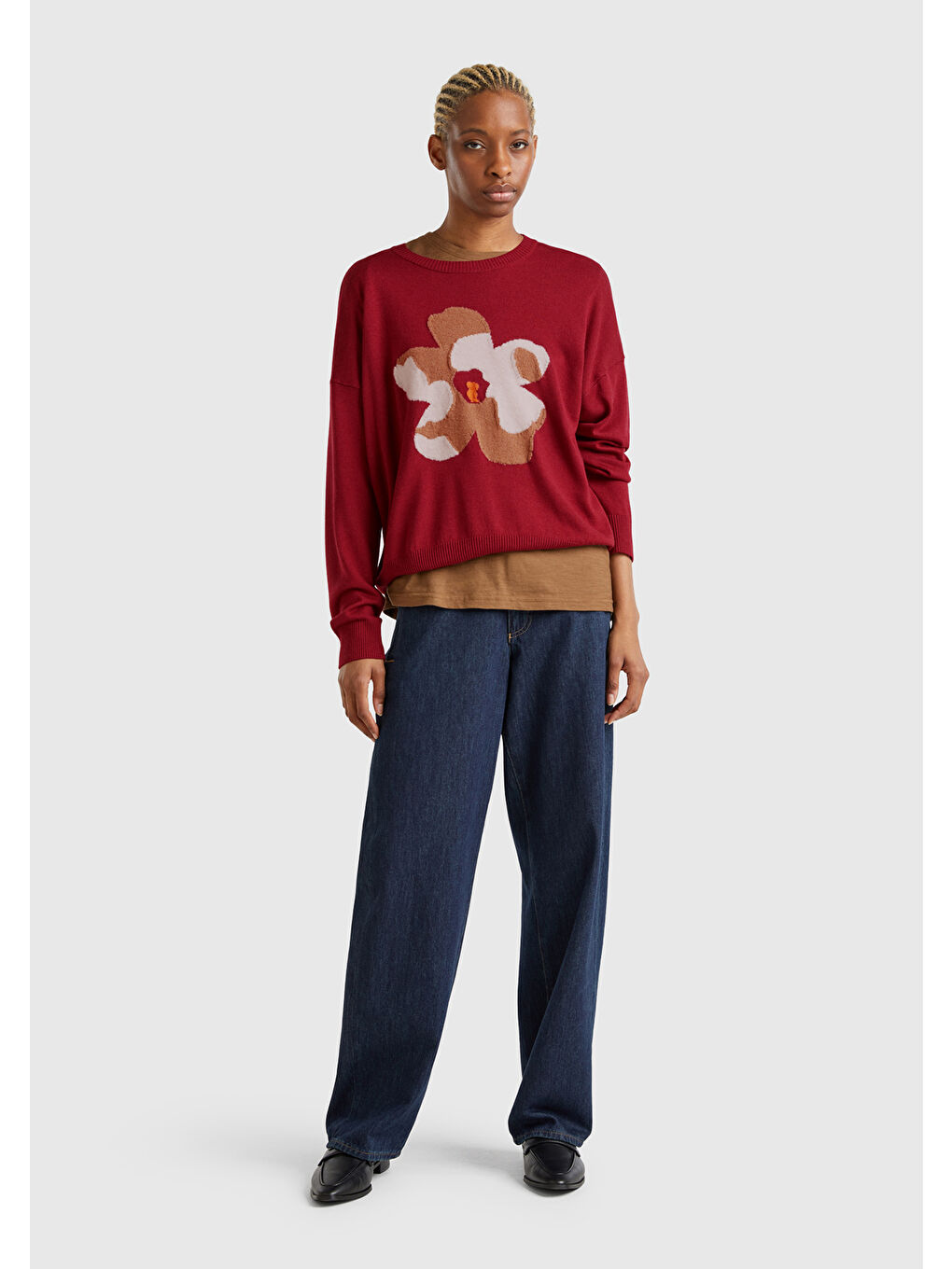 Kadın Bordo Viskoz Karışımlı Çiçek Desenli Kazak-4