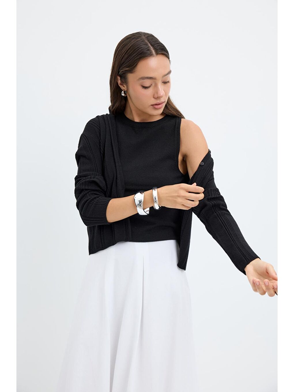 Fitilli Örgü Triko Hırka Siyah-2