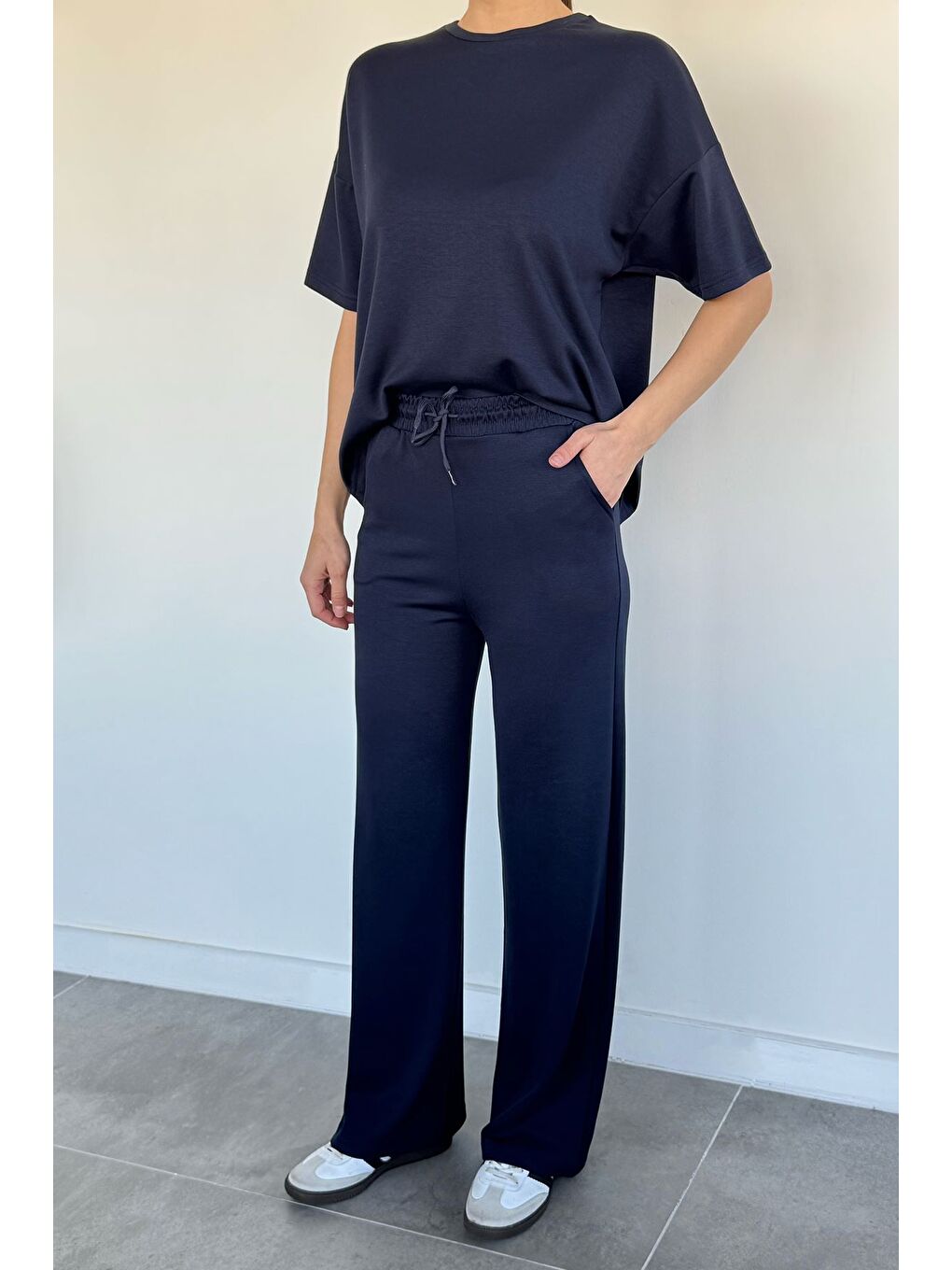 Lacivert Kadın Bisiklet Yaka Tişört Bel Lastikli Palazzo Pantolon İkili Takım-1