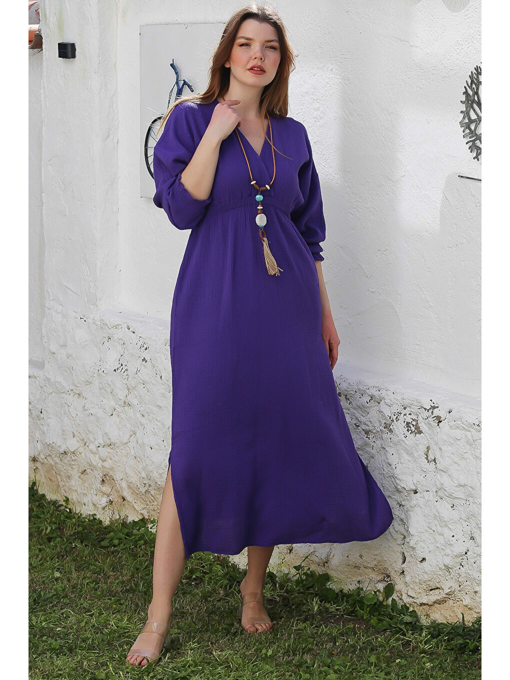 Mor Kruvaze Yaka 3/4 Kol Yıkamalı Yırtmaçlı Casual Müslin Uzun Dokuma Elbise 130 60-6
