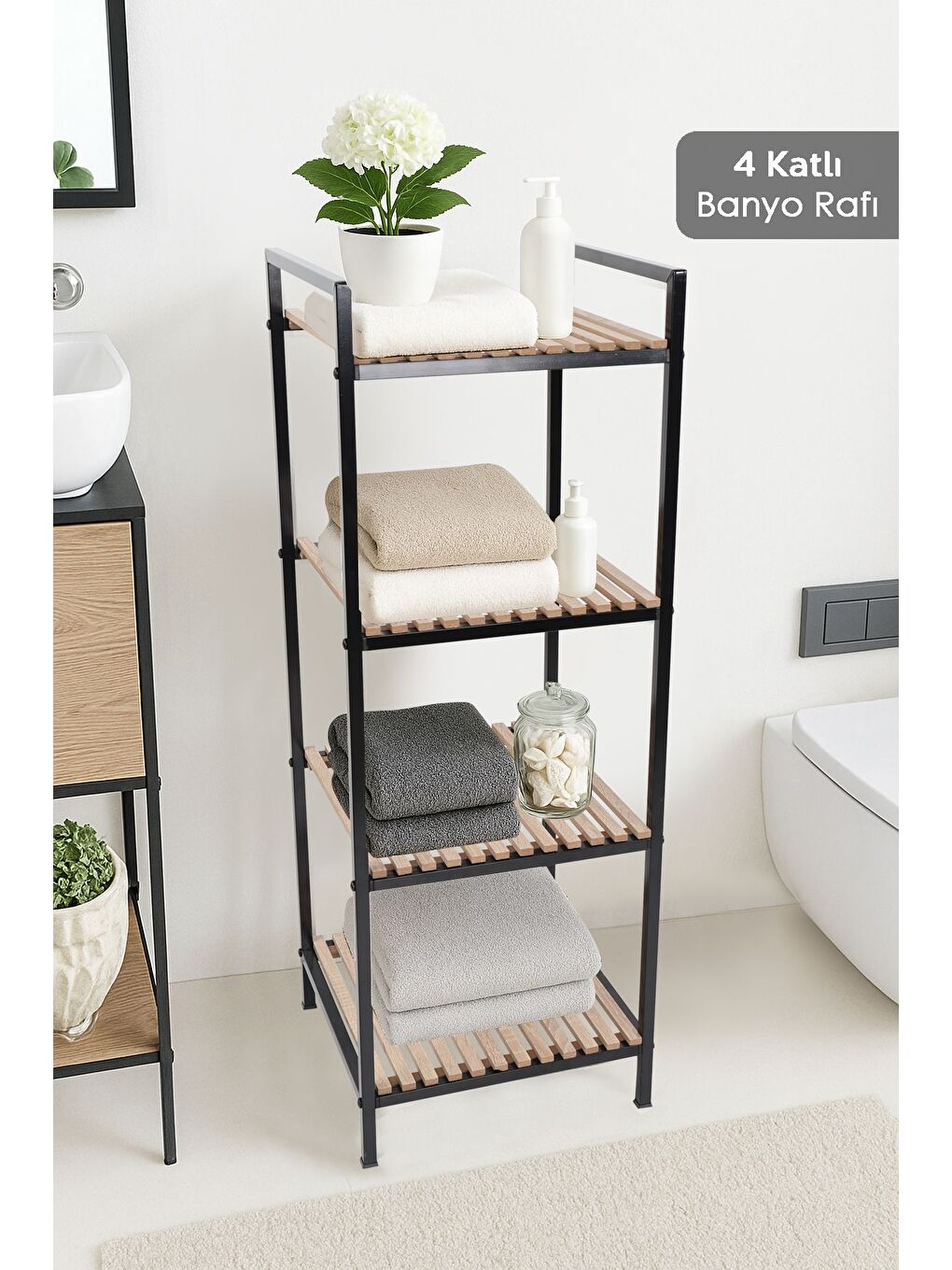 Siyah 4 Katlı Ahşap Banyo Rafı Banyo Düzenleyici Havluluk Organizer Çok Amaçlı Dolap Banyo Dolabı